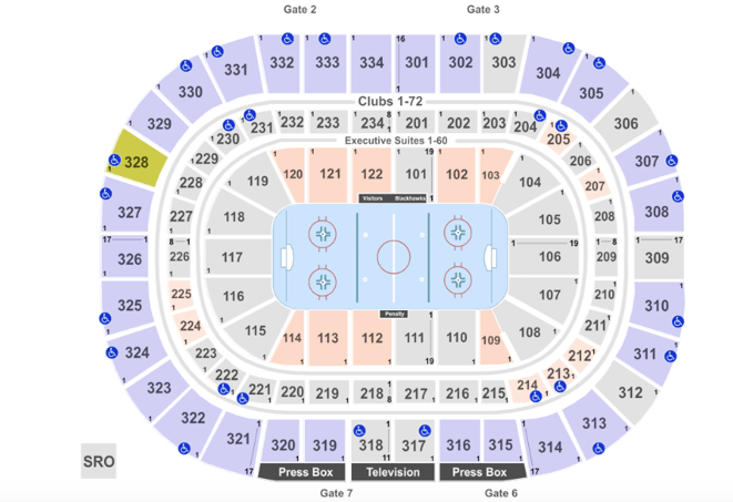 Chicago United Center seating chart - Detailed seat & row numbers end stage  full concert sections floor plan with arena lower, club & upper bowl layout